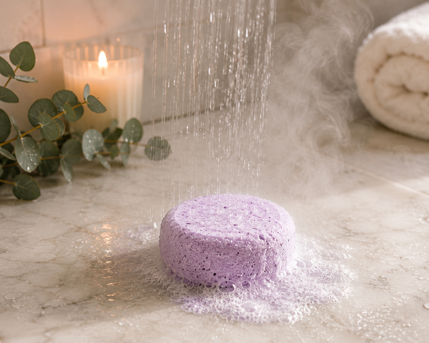 Pampering Bar aromatherapy shower steamer activating with water in the shower