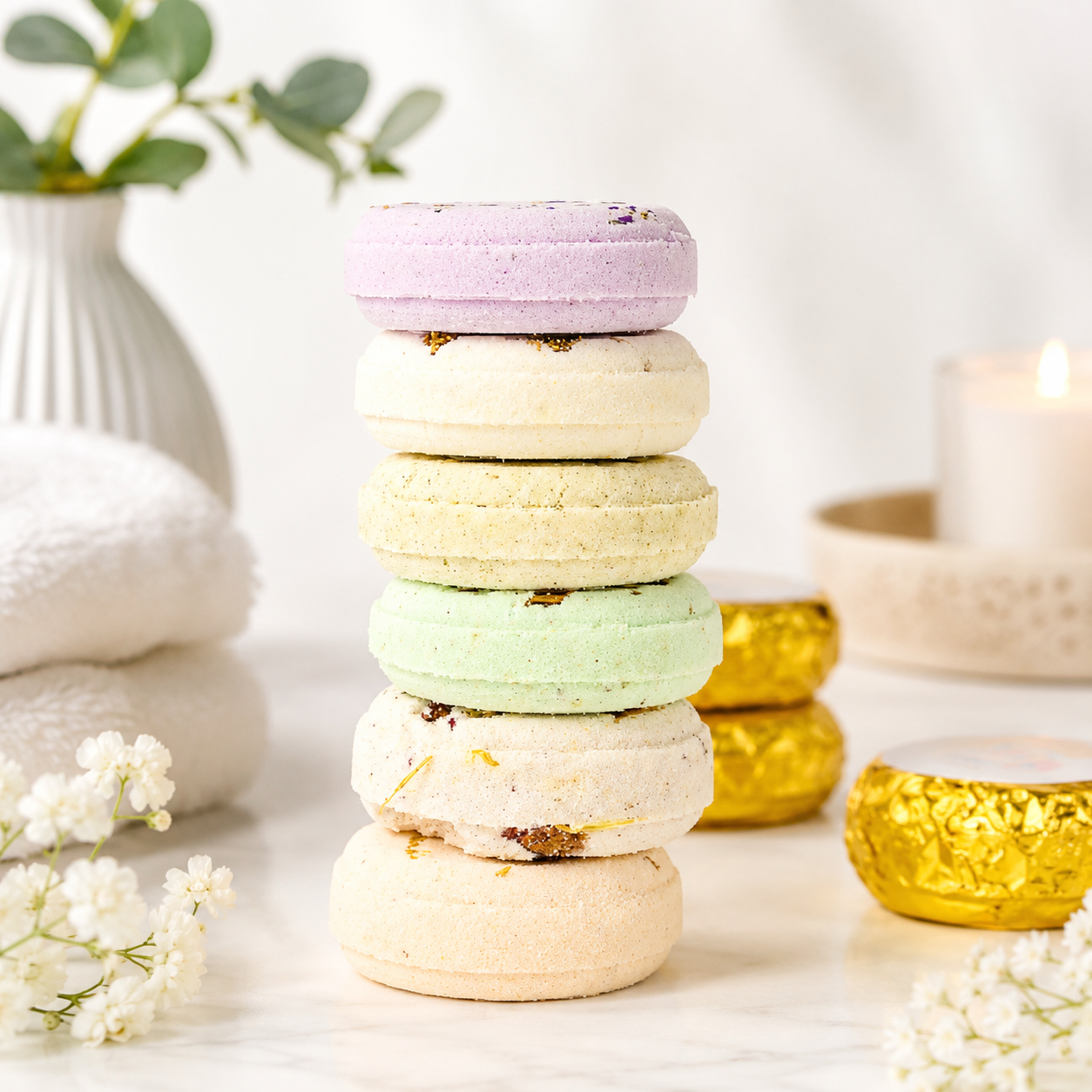 Stack of assorted Pampering Bar aromatherapy shower steamers in multiple scents