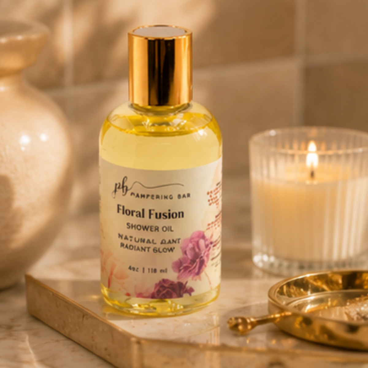 Pampering Bar Floral Fusion hydrating body and shower oil in a spa-inspired setting