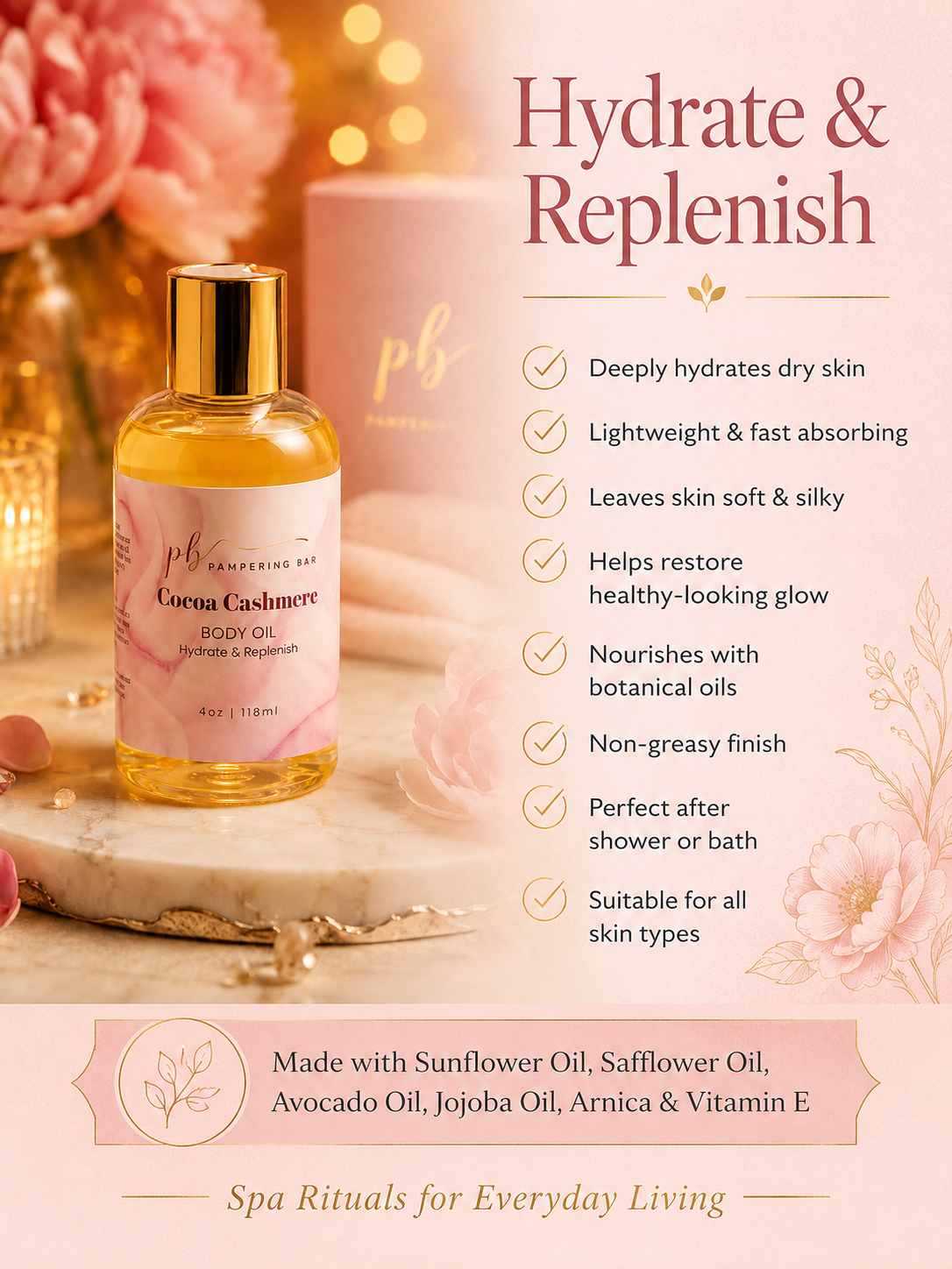 Pampering Bar hydrating body and shower oil benefits for soft moisturized glowing skin