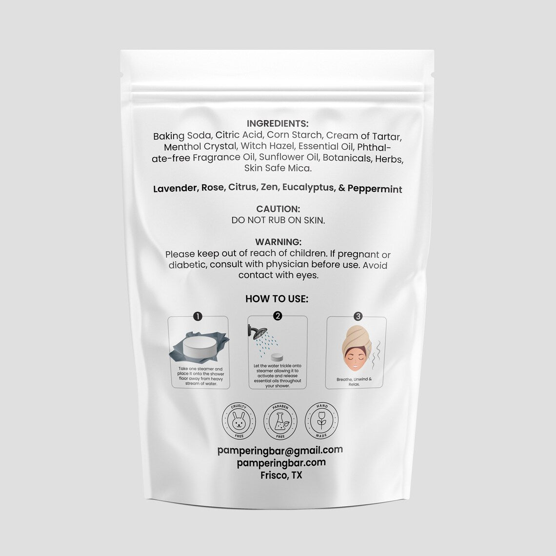 Pampering Bar shower steamer packaging with directions, ingredients and product information