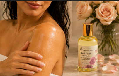 Woman applying Pampering Bar hydrating body oil to her arm for soft moisturized skin